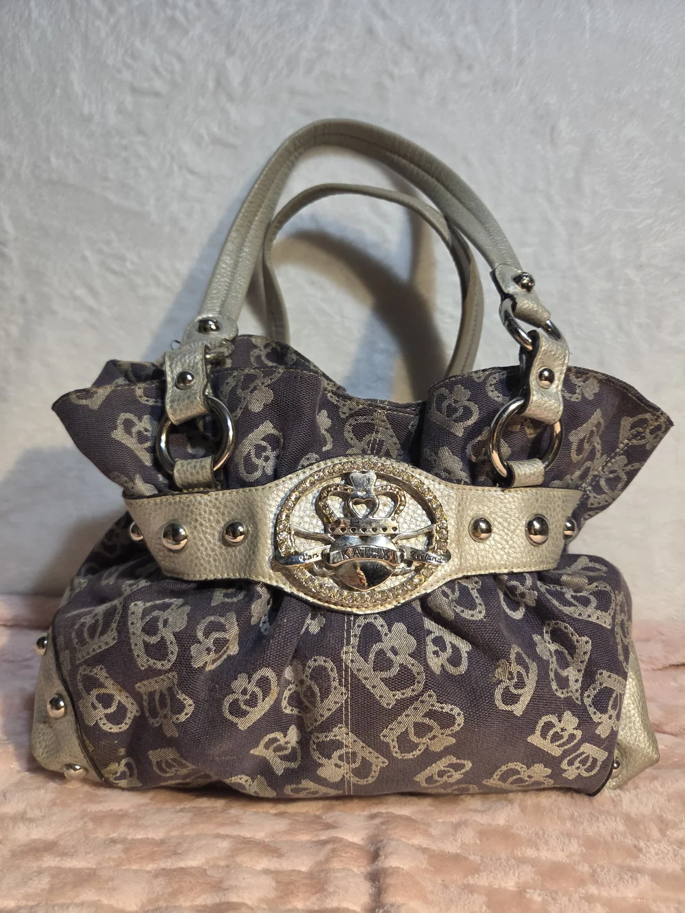 Designer-Inspired Taupe Crown Print Satchel with Gold Trim